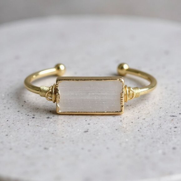 Selenite Bar Wire Wrap Adjustable Cuff w/ 14Kt Gold Over Copper – NWT - Picture 1 of 10